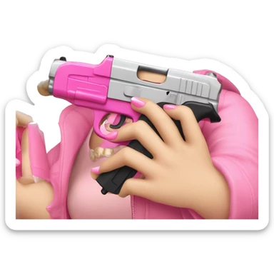 White Girl brunette hand pink nails holding pink gun sticker