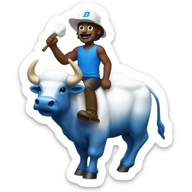 Guy riding buffalo wearing blue and white foam finger sticker