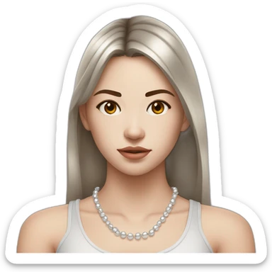 24 years old girl looking weary with white complexion and straight hair around armpit length with brown hair with silver and pearl chain necklace another layer of silver chain necklace sticker