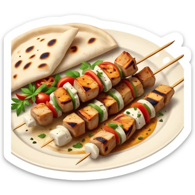 cinematic-realistic-souvlaki-dish-emoji,-showcasing-skewered,-grilled-chicken-with-mediterranean-spices-rendered-with-dynamic-textures-and-warm,-appetizing-lighting on pita bread on a plate sticker