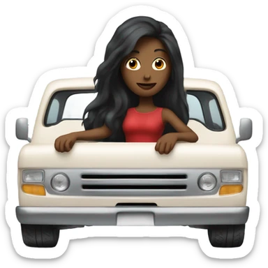 A white lady with long black hair, driving an older red pick up truck sticker