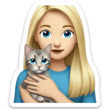 Blonde girl with blue eyes holding a gray tabby cat sticker