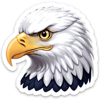 Cinematic Noble American Eagle Portrait Emoji, Poised and regal, with a powerful, broad build, a distinctive white-headed silhouette contrasting a dark, formidable body, and piercing, intense eyes, Simplified yet sharp and sophisticated features, highly detailed, glowing with a soft, majestic radiance, high shine, intelligent and commanding, stylized with an air of national pride, focused and vigilant, soft glowing outline, capturing the essence of a watchful and confident American eagle that appears ready to soar out of the screen with effortless authority! sticker