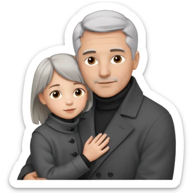 A father with silver-grey hair styled neatly and a clean-shaven face, wearing a dark turtleneck and wool coat, holding his girl child gently. The child has light brown hair and a soft white dress. Warm cinematic lighting, emotional close-up. sticker