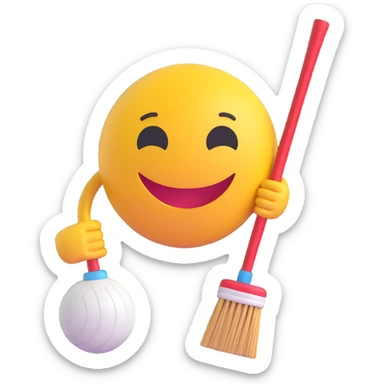 3D smiley emoji, round shape, holding curling stone and broom, sporty face, transparent background (curling) sticker