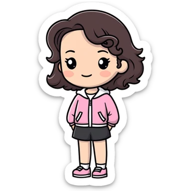 Mulher branca de cabelo ondulado castanho escuro e roupa rosa sticker