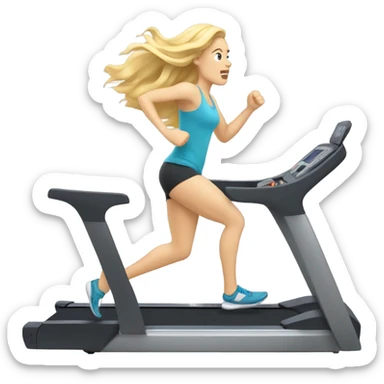 White woman, long hair, blonde hair, wavy hair, treadmill, sweating sticker