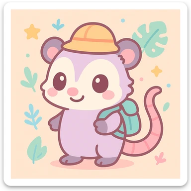 cute cartoon possum dressed up for a safari in the jungle, adorable and colorful kawaii style sticker