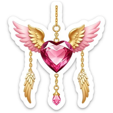 Reddish-pinkish and golden warm-colored romantic lush beautiful pretty hanging crystal-catcher aesthetic with hearts and sparkles and and white angel wings hanging from a gold chain sticker