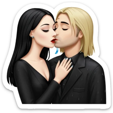 Realistic morticia addams kissing sweetly Kurt Cobain in the rain. sticker