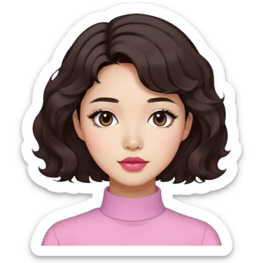 woman with dark brown wavy hair, short to mid-neck length, Korean-inspired cut, medium brown Latina skin, round nose, slightly dark pink lips, aesthetic Pinterest vibe sticker