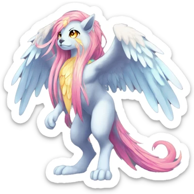 Anthro Sona Cool Edgy Cute Colorful Shy Winged Shiny Fakemon-Fantasy-Creature With Long Hair-Mane Full Body Detailed High Quality sticker
