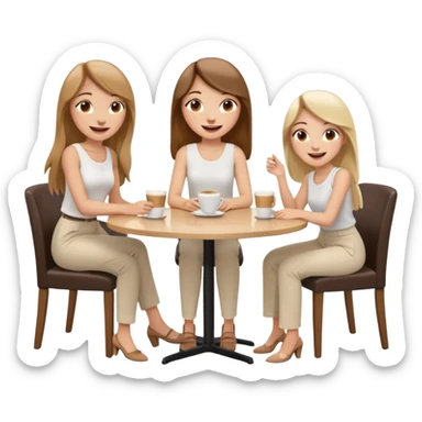 "Cartoon emoji of a girl with long, straight light brown hair, fair skin, brown eyes. Wearing a stylish white top and chic pants. Sitting at a café table, laughing and smiling, full of joy. Next to her, two friends: one blonde, one with black hair, one with brown hair. Smooth, simple, stylized sticker
