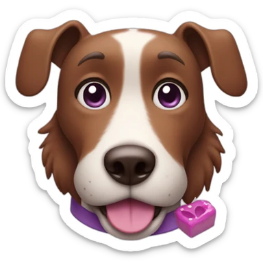 a purple dog with a brown nose and a pink collar with a bone eat cake sticker