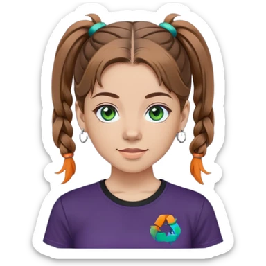This is a 2D digital anime-style portrait of a young women skin tone light. The person has brown hair in a pigtail and green eyes. They wear a T-shirtin [colour: dark grey or black], with the BST logo in vibrant colours (orange, teal, purple, blue) placed on the left chest area. The background is solid black for consistency and emphasis. The person is facing forward with a neutral or slight smile (without showing teeth). Lighting is soft and flat, clean anime lines with smooth shading. Consistent with a professional, cohesive team style. sticker