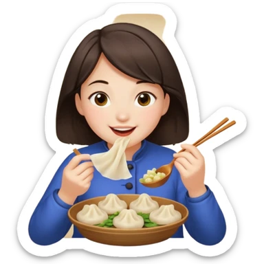 A dark brown-haired girl happily eating dumplings. sticker