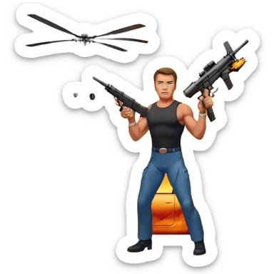 Icon for Action Movies: Arnold Schwarzenegger in the lead role, in an intense action pose with weapons, explosions, a car and helicopter flying out of flames in the background. The design should capture the explosive energy and heroism of classic action films. Transparent background. sticker