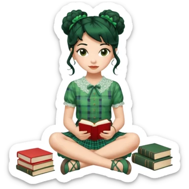 A beautiful girl wears a green lace blouse with short sleeves and a green lace skirt with a plaid pattern. Her long, curly black hair is styled in a messy bun. She holds books and crayons in her hands, and she is barefoot, sitting cross-legged on the floor. The illustration style is pop art. sticker