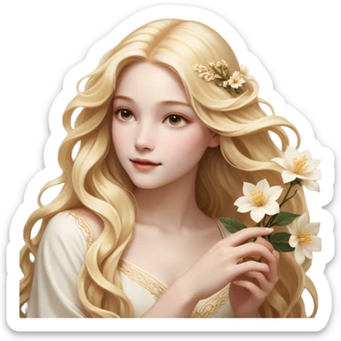 Cinematic Realistic Rapunzel Portrait, with porcelain-like skin featuring a subtle, natural glow, illuminated by soft lighting that brings out the gentle contours of her face. Her long, golden blonde hair cascades in detailed waves, each strand highlighted with a radiant shimmer as it catches the light. She playfully holds a flower in one hand, her other hand resting casually in her lap, with a warm and spirited expression. Her bright, expressive green eyes exude curiosity and warmth, framed by delicate lashes and soft, arched brows. She is dressed in her classic lavender and pink gown, the fabric textured with delicate folds that flow naturally, catching the light with a soft, radiant glow. The portrait captures a luminous, enchanting aura, seamlessly blending realism with a whimsical, fairytale charm, evoking a timeless sense of beauty and magic. sticker