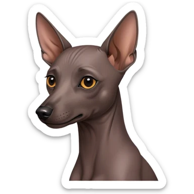 Cinematic Noble Xoloitzcuintle dog Portrait Emoji, Poised and regal, with a sleek, muscular build and smooth, hairless ebony skin accented by subtle wrinkles, deep-set soulful dark eyes, Simplified yet sharp and sophisticated features, highly detailed, glowing with a soft, dignified glow, high shine, intelligent and loyal, stylized with an air of ancient grace, focused and attentive, soft glowing outline, capturing the essence of a watchful and confident guardian, so majestic it feels as though it could stride out of the screen with effortless authority! sticker