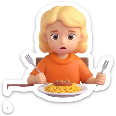 A stylized 3D character of a 6-year-old child sits at a table, looking bored at a plate of macaroni and a meat patty, absentmindedly poking the macaroni with a fork. sticker