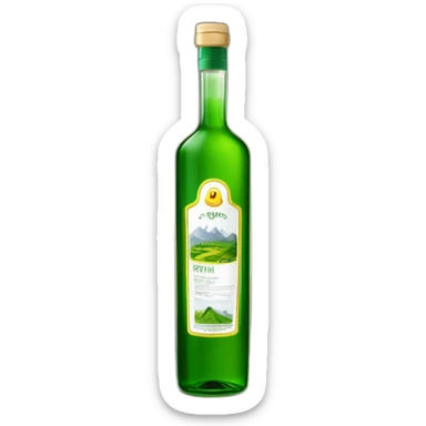grüner schnaps in länglicher flasche mit bergen und einem dorf auf dem etikett sticker
