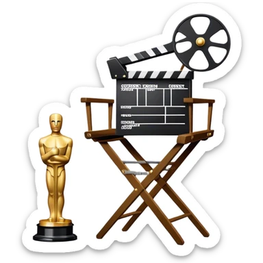 Icon for Directing: a director's chair, a film slate, a megaphone, a stage set with lights and an Oscar statuette. The icon should represent the creative and leadership aspects of directing, with focus on film and theater production. Transparent background. sticker