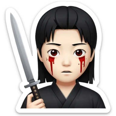 Korean murderer white skin with Asian eyes and holding knife with black straight hair sticker