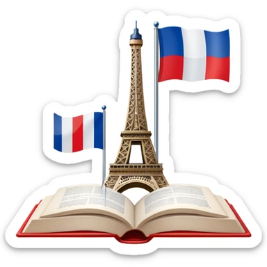 An icon featuring the Eiffel Tower and the flag of France, symbolizing the French language. The design includes an open book with French text, representing language learning and French culture. Transparent background highlights the elegance of the French-speaking world. sticker