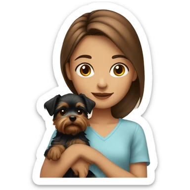 Tanish girl with brown hair holding yorkie puppy  sticker