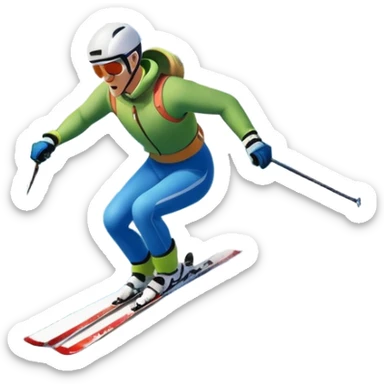 An icon featuring snowy peaks, pine trees, and a picturesque mountain landscape with a skier racing down a snow-covered slope. The sky is blue with soft clouds, capturing the thrill and beauty of alpine skiing. Transparent background highlights the excitement and serenity of winter sports. sticker