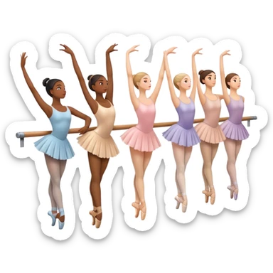 "Icon for Choreography: a group of dance students stretching, holding one hand on a long barre along the wall. The icon should capture the disciplined and graceful nature of ballet practice. Transparent background. sticker