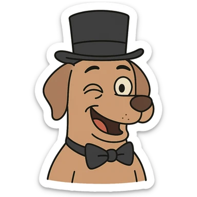 dog with a tophat, flat toon style, winking sticker