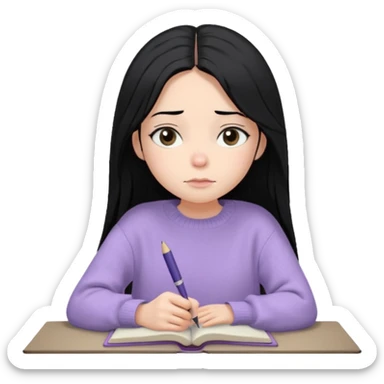 Maret – Cewe Overthinker/SENSITIF Kulit putih pucat lembut, rambut hitam panjang lurus agak messy, belah tengah. Pakai sweater lavender terang oversized. Duduk, pegang jurnal & pulpen, tatapan kosong mikir. sticker