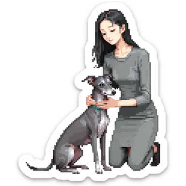 Slim Chinese girl with long black hair petting a dark grey Italian greyhound with a visible grey chest, no white markings anywhere sticker
