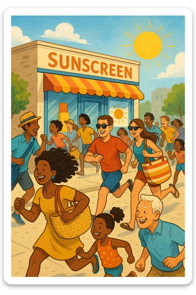 tante persone che corrono a comprare le creme solari sticker
