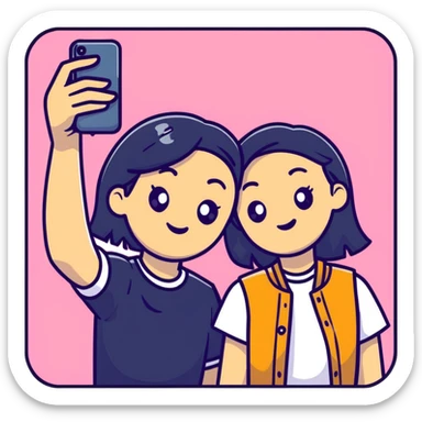 Two best friends taking a selfie together with Instagram frame, holding a phone, Instagram worthy sticker
