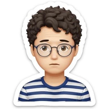 Korean male college student with a worried face , glasses with a bit curly hair, stripe t-shirt sticker