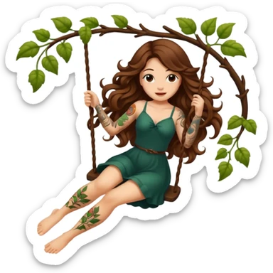 ccute woman long wavy brown hair tattoos swinging on vine sticker