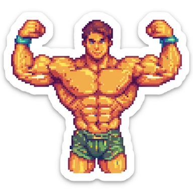 cartoonish strong arm, exaggerated muscles, bright colors, pixel art style sticker