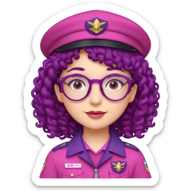 scout girl with very pink scout uniform including hat, dark violet curly haired and glassess sticker