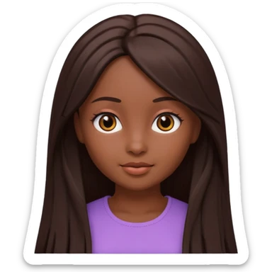 Boneca digital em estilo 3D realista e fofo, semelhante a uma boneca colecionável. Mulher jovem com pele negra, olhos castanhos escuros, cabelo liso cor chocolate, longo e bem alinhado.  sticker
