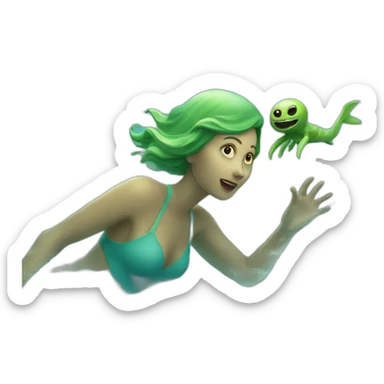 A woman swimming at sea with a alien chasing sticker