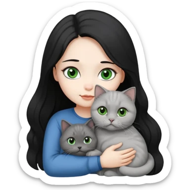 Black long hair, white skin, black eyes, pretty girl is hugging a gray Scottish fold green-eyed cat white blue-eyed cat

 sticker