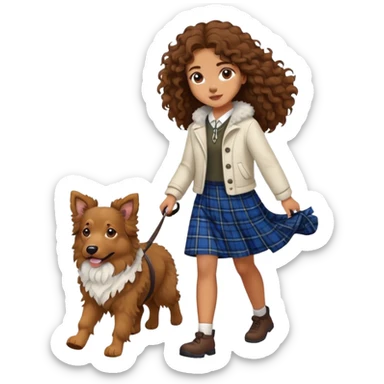 A girl with long curly hair walking a Scottish shepherd dog sticker
