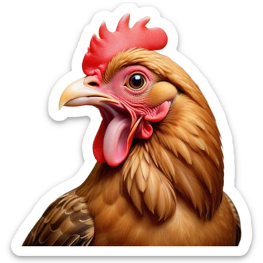 Cinematic Cute Yawning Brown Chicken Portrait Emoji, Head tilted slightly with a dramatic, wide-open yawn, showcasing a soft, fluffy brown plumage with a crisp red comb and gently drooping wings, round beady eyes barely open in drowsy contentment, Simplified yet irresistibly adorable features, highly detailed, glowing with a soft, cozy glow, high shine, relaxed yet expressive, stylized with a touch of whimsical charm, bright and endearing, soft glowing outline, capturing the essence of a sleepy yet affectionate chicken, so drowsy it feels like it could stretch out of the screen and curl up for a nap! sticker