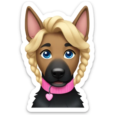black german shepherd wearing a pink collar with her owner who has blue eyes and sandy blonde hair in a single braid sticker