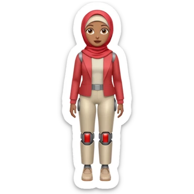 Heavy-set woman with medium-brown skin wearing a light red hijab, cream top, light red pants, tan shoes, and a grey robot leg. Standing confidently with one hand on her hip sticker