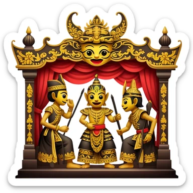 Cinematic Realistic Wayang Kulit Pop Culture Emoji, featuring a vibrant shadow-puppet theatre scene rendered with dynamic textures and artistic, traditional lighting. sticker