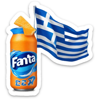 Blue Fanta can with Greek flag printed. An orange next to it sticker
